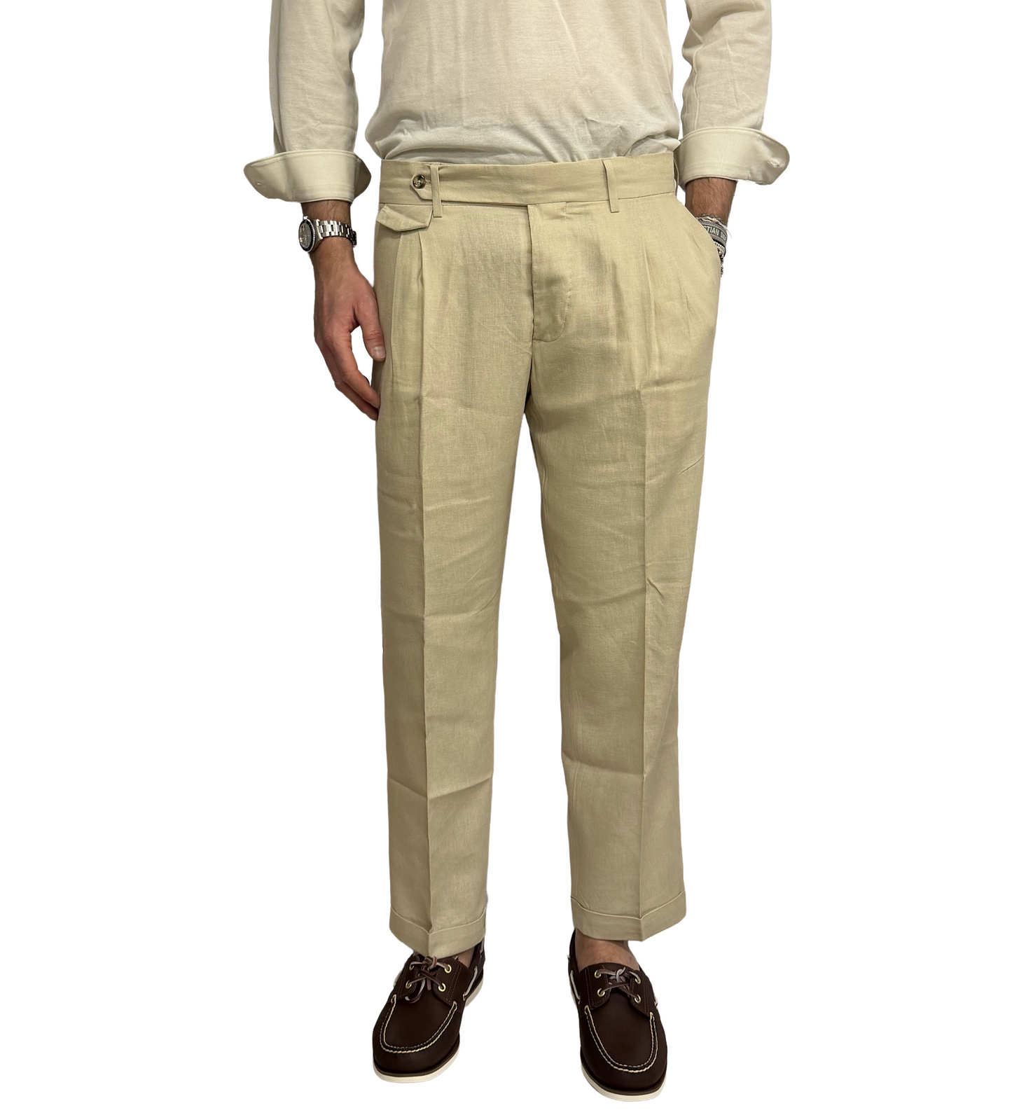 Pantalone sartoriale doppia pence lino e cotone