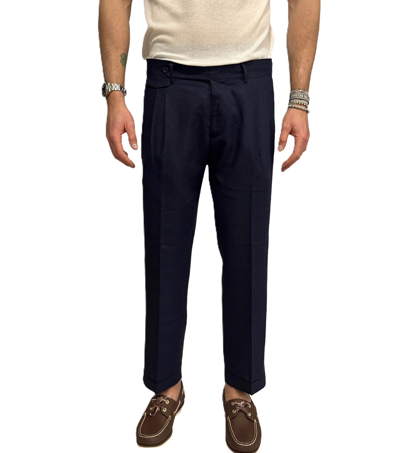 Pantalone sartoriale doppia pence lino e cotone