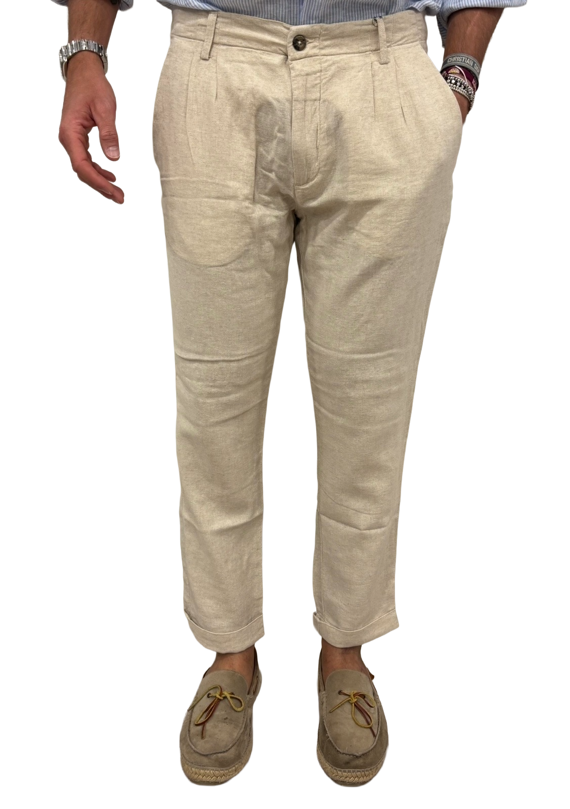 Pantalone lino e cotone spigato